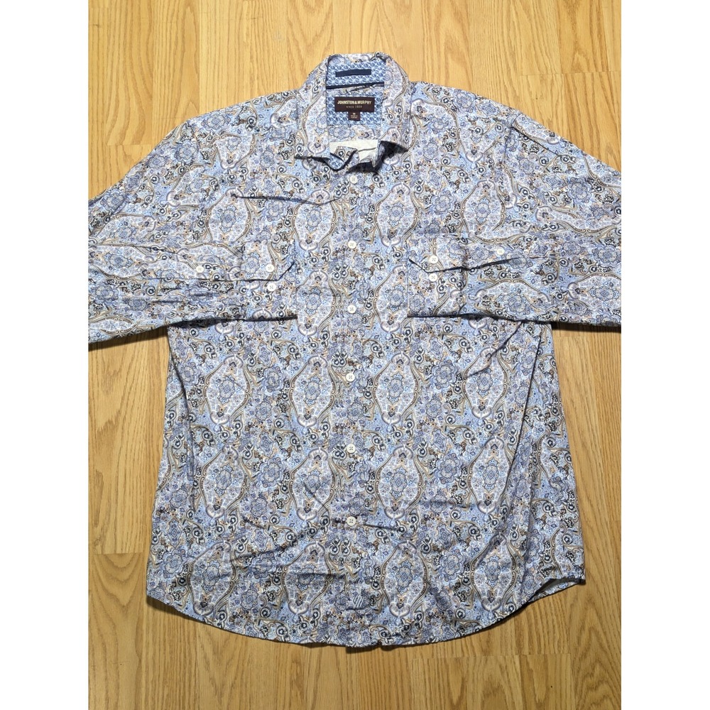 Johnston & Murphy Mens Long Sleeve Button Up Paisley Blue Size M